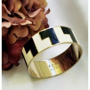 GWEN STEFANI BLACK & WHITE ENAMEL GOLD PLATED L A M B CUFF BRACELET